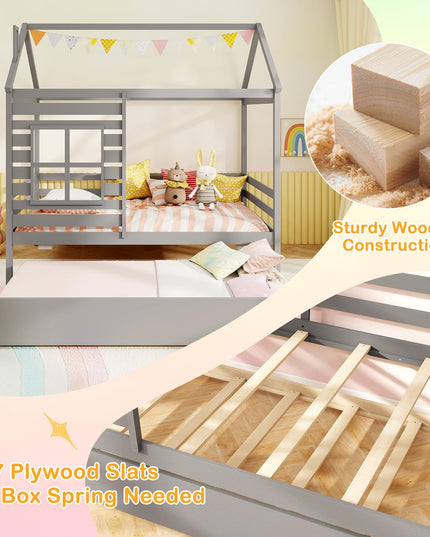 Giantex Twin House Bed with Trundle Bed Twin, Wooden Twin Bed Frames with Roof, Chimney & Window