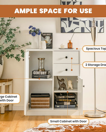 Giantex Floor Storage Base Cabinet - Freestanding Cabinet with Adjustable Shelves, 2 Drawers and 2 Doors, White
