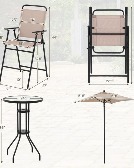 Giantex 4-Piece Outdoor Bar Set, Round High Top Bar Table with 2 Folding Counter Height Chairs & Umbrella
