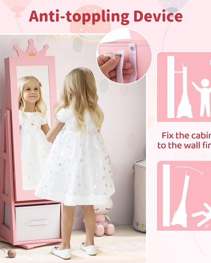 CHARMAID 360° Swivel Kids Jewelry Cabinet, 47" Full Length Mirror with Jewelry Storage