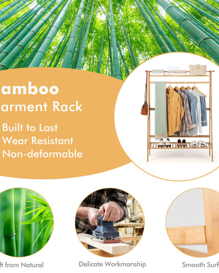 Giantex 3 Tier Bamboo Clothing Rack with Shelves, Heavy Duty Freestanding Clothes Organizer Rack with Coat Hooks