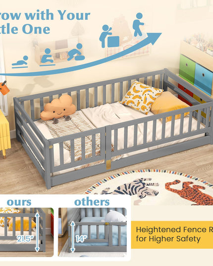 Giantex Twin Floor Bed with High Fence & Door