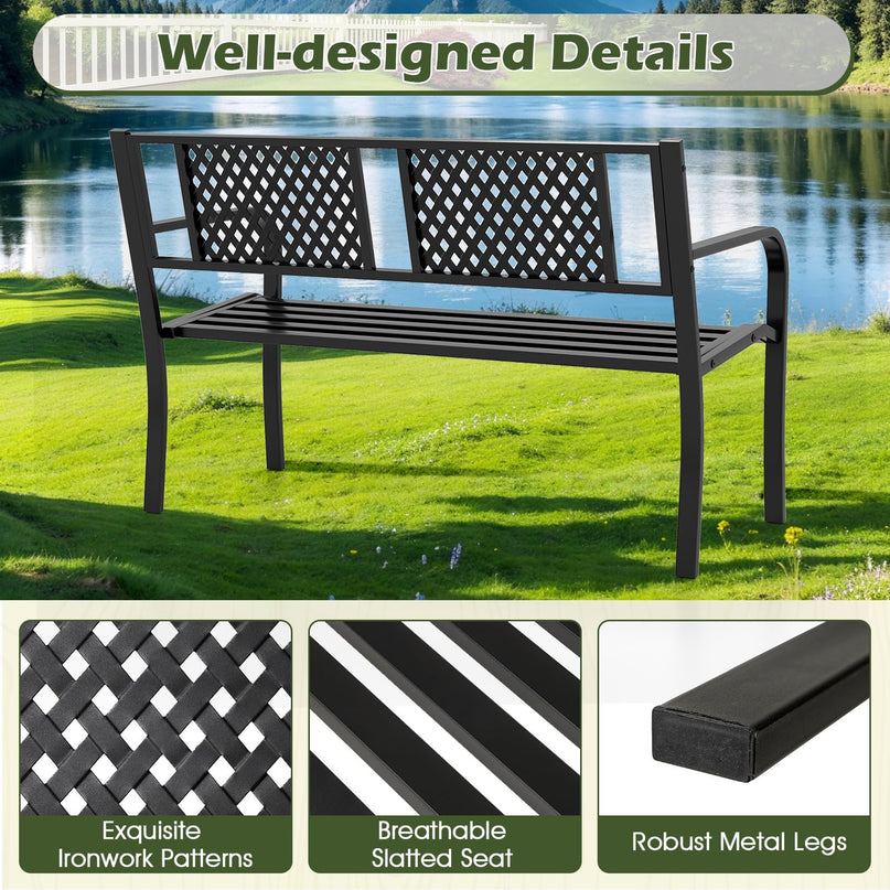 Giantex Metal Outdoor Bench with Mesh Pattern Backrest
