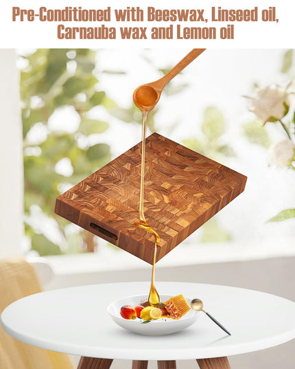 Giantex Teak Wood Cutting Board, 18" End Grain Chopping Block with Hand Grip, Pre-Conditioned With Natural Waxes & Oils