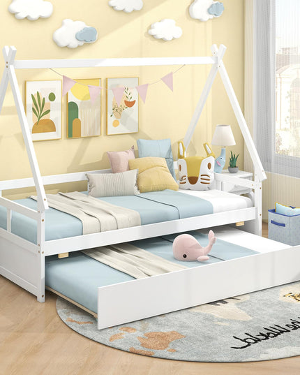 Giantex Twin House Bed with Trundle, Wood Montessori Tent Bed Frame with Safety Guardrail