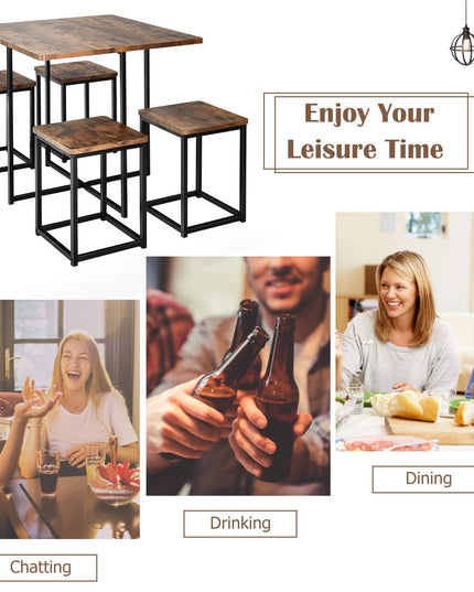 5 Piece Dining Table Set, Dining Set for 4 with Square Stools, Walnut & Black