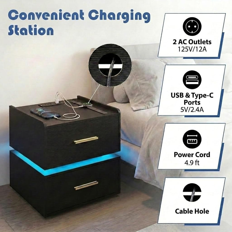 Giantex Semi-Floating LED Night Stand with Charging Station & 2 Storage Drawers (1/2)