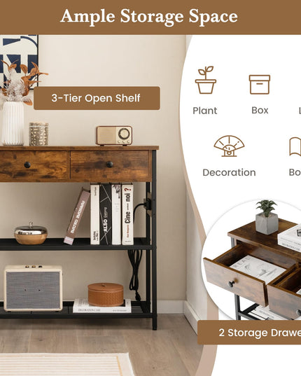 Giantex Console Table with Outlets - 3-Tier Entryway Table w/USB Ports, 2 Storage Drawers