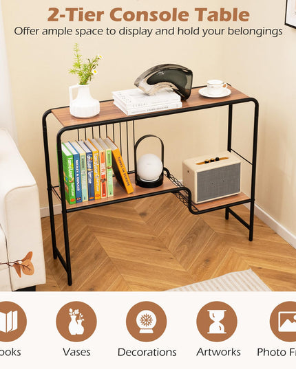 Giantex 2-Tier Console Table, 35.5" Narrow Entryway Table w/Irregular Storage Shelves & Metal Frame
