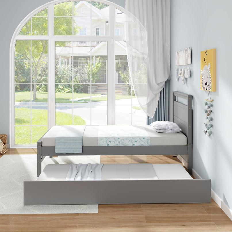 Giantex Trundle Bed Twin, Wood Day Bed Frame with Headboard & Footboard