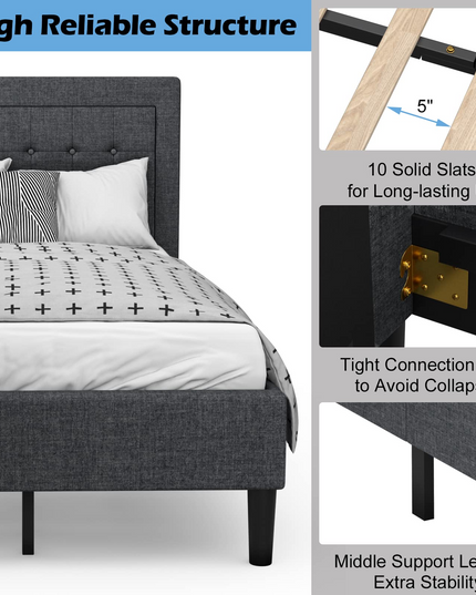 Modern Platform Bed w/Button Tufted Headboard | Upholstered Bed Frame