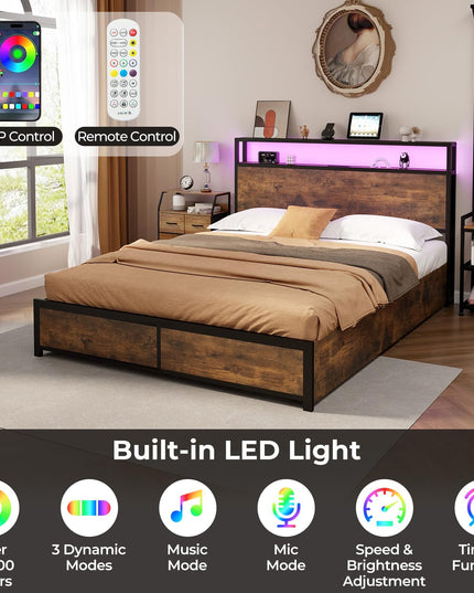Giantex Queen/Full Bed Frame with LED Lights Headboard and 4 Storage Drawers
