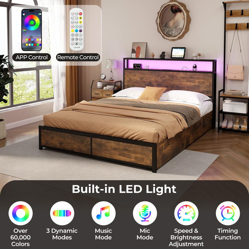 Giantex Queen/Full Bed Frame with LED Lights Headboard and 4 Storage Drawers