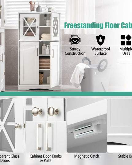 Giantex Bathroom Floor Storage Cabinet - Linen Floor Cabinet with Doors and Adjustable Shelves