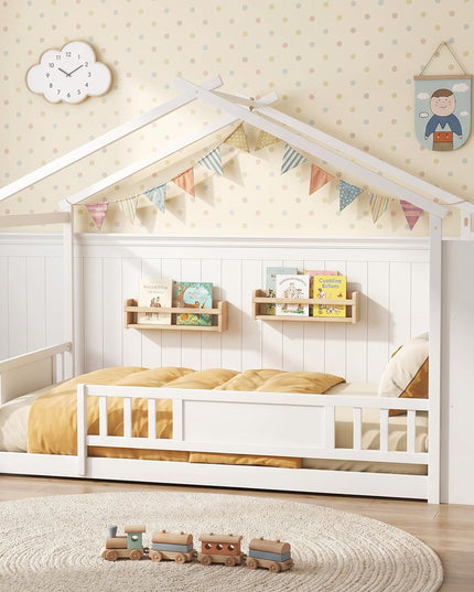 GIANTEX Twin Montessori Floor Bed with Storage Bookshelf & Safety Guardrail