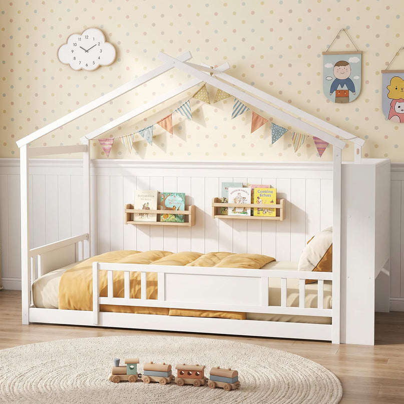 GIANTEX Twin Montessori Floor Bed with Storage Bookshelf & Safety Guardrail