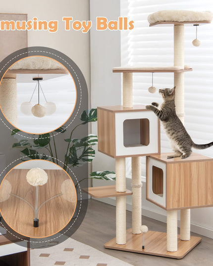 Giantex Multi-Layer Cat Tree, 64.5 inches Cat Tower with Natural Sisal Scratching Posts, 2 Condos, Padded Perch