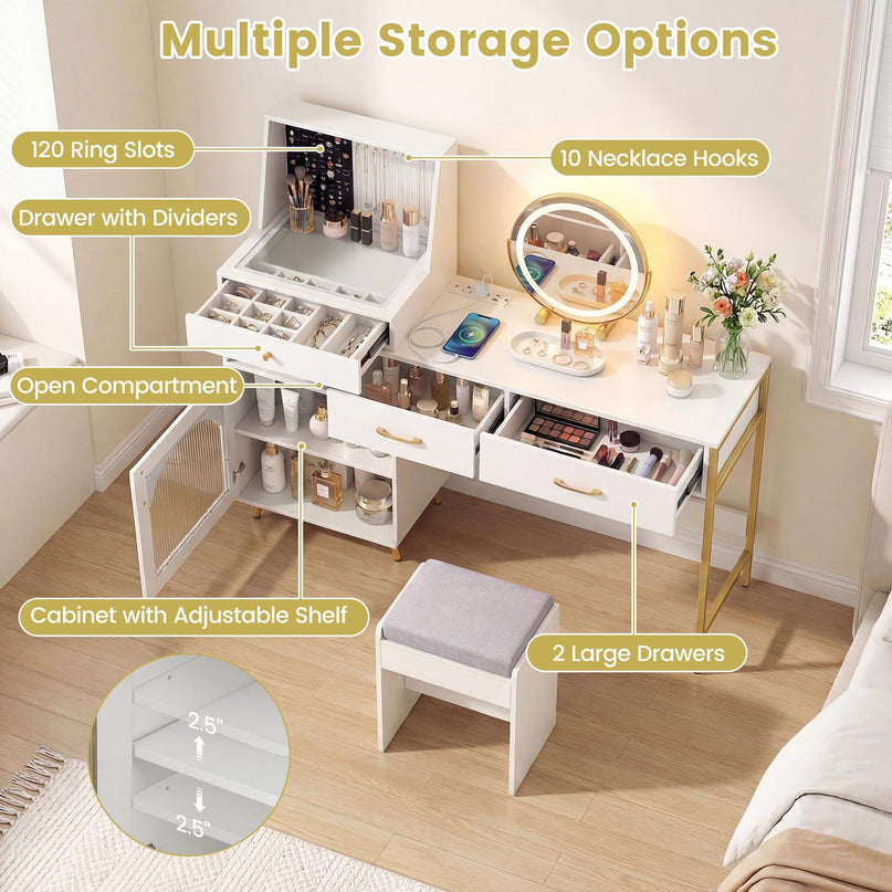 CHARMAID Vanity Desk with Charging Station Jewelry Organizer