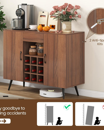 Giantex Bar Cabinet with Storage, Farmhouse Wood Buffet Sideboard, 9-Bottle Wine Rack, Drawer