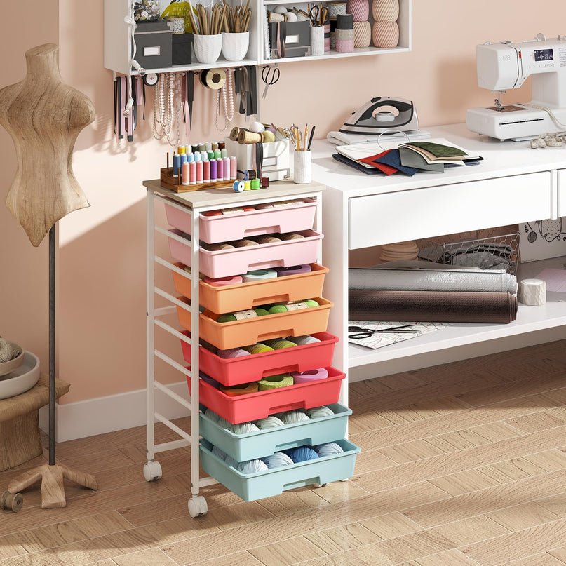 Giantex 8 Drawers Rolling Cart with Wheels Wood Top Sturdy Frame