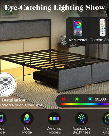 Giantex Bed Frame with LED Lights and 2 Storage Drawers