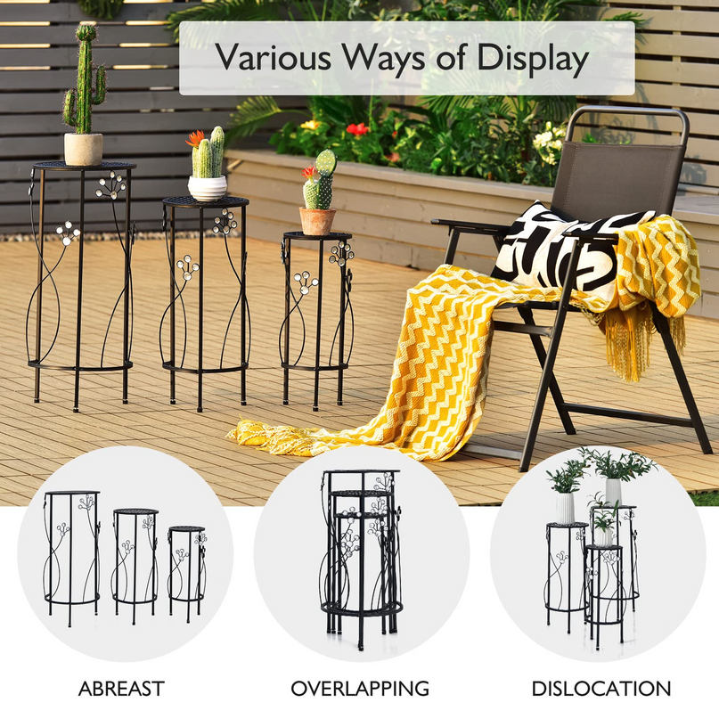 3 Pieces Flower Pots Display Rack with Vines and Crystal Floral Design