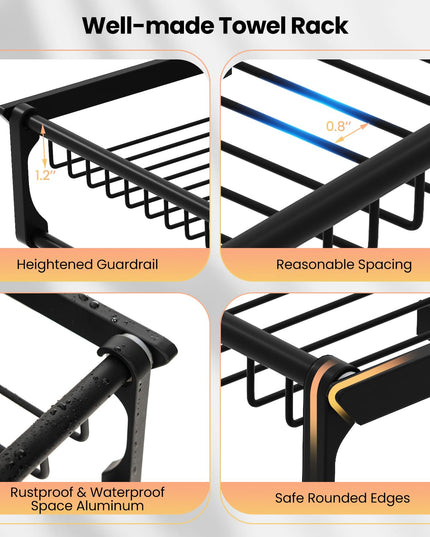 Giantex Foldable Towel Rack for Bathroom, Wall Mounted Towel Holder Organizer w/ 1 Basket, 1 Towel Bar & 5 Sliding Hooks