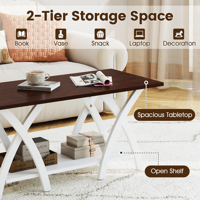 Giantex 2 Tier Wood Center Table with Storage Shelf & X Shaped Support Legs