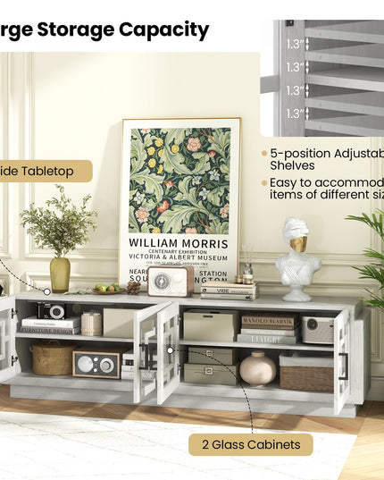 Giantex Farmhouse TV Stand for TVs up to 75”, 4-Door Glass Entertainment Center with 2 Cabinets