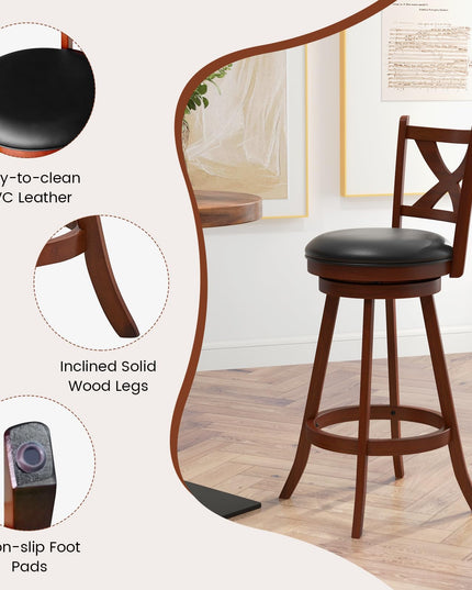 Giantex Swivel Bar Stools Set of 2, Farmhouse Wooden Barstools with Back