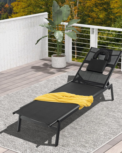 Giantex Patio Chaise Lounge Chair - Outdoor Lounge Chaise with Face Hole, Detachable Head Pillows, Black