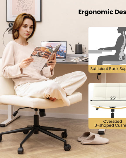 Giantex Criss Cross Chair with Wheels, PU Leather Cross Legged Office Chair, Height-adjustable Swivel Vanity Chair