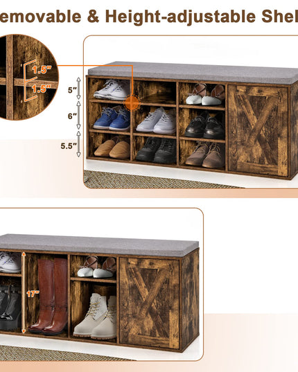 Giantex Shoe Bench, 3 Tier 9 Cubes Storage Bench with Adjustable Shelves (Rustic Brown)