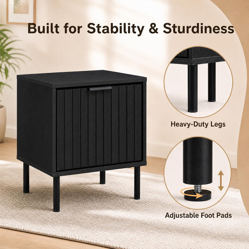 GIANTEX Black Modern Nightstand w/Vertical-Striped Storage Drawer