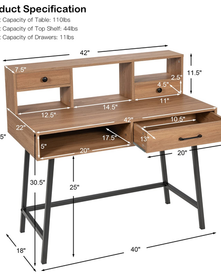 CHARMAID 42'' Vanity Table with Large Drawer, 2 Small Drawers, Desktop Shelf