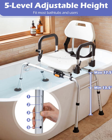 Giantex Sliding Shower Chair with Swivel Seat Flip-Up Padded Armrests & Safety Belt for Seniors