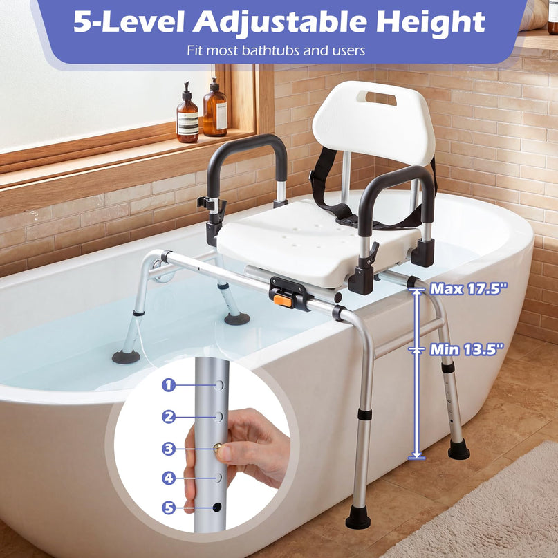 Chaise de Douche Coulissante Giantex avec Siège Pivotant, Accoudoirs Rembourrés Relevables et Ceinture de Sécurité pour Personnes Âgées