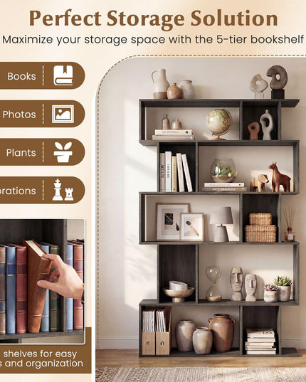 Giantex 5-Tier Bookshelf | 10-Cube Geometric Book Case with 5 Closed-Back Cubbies