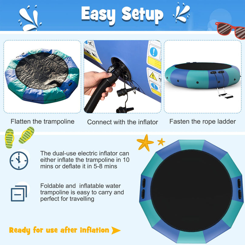 Giantex 10Ft 12Ft 15Ft Inflatable Water Trampoline, Floating Rebounder Trampoline with 500W Blower and 3-Step Rope LadderGiantex 10Ft 12Ft 15Ft Inflatable Water Trampoline, Floating Rebounder Trampoline with 500W Blower and 3-Step Rope Ladder
