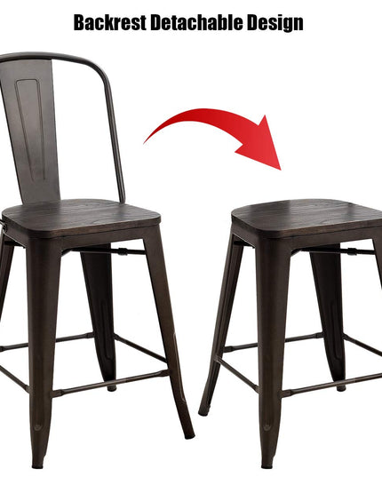 Giantex Tolix Style Dining Stools with Wood Seat and Backrest, Industrial Metal Counter Height Stool