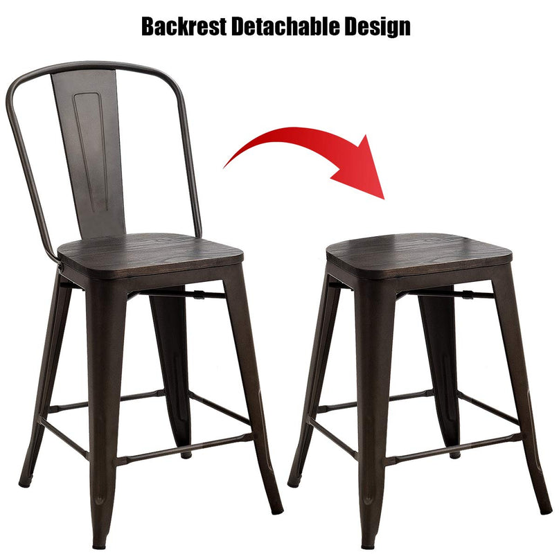Giantex Tolix Style Dining Stools with Wood Seat and Backrest, Industrial Metal Counter Height Stool