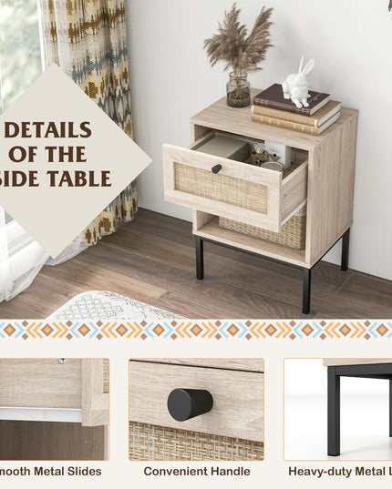 Giantex Rattan Nightstand with Drawer, Boho Side Table with 4 Metal Legs and Open Storage Shelf