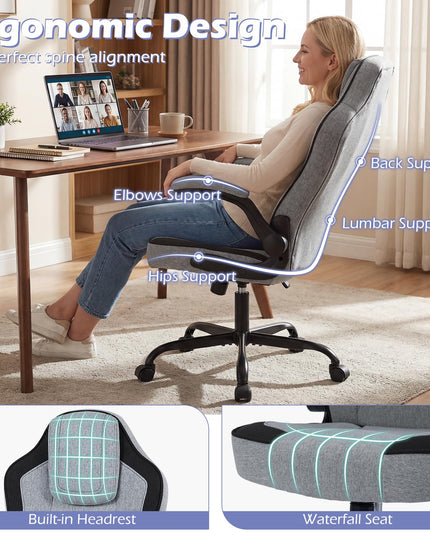 Chaise de bureau ergonomique Giantex | Chaise de bureau en tissu de lin avec accoudoirs relevables à 90°