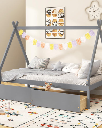 Giantex Twin Bed Frame with 2 Storage Drawers, Wood House Tent Platform Bed Frame with Triangle Structure