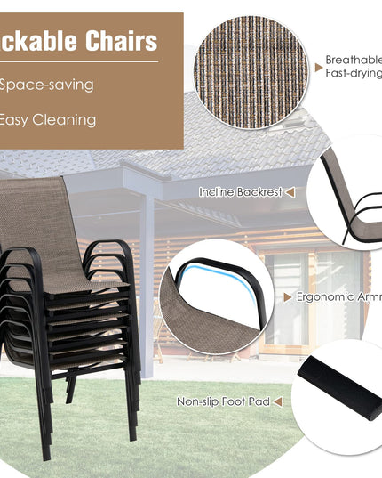 Giantex Set of 6 Patio Chairs, Stackable Outdoor Dining Chairs, with Curved Armrests and Breathable Fabric