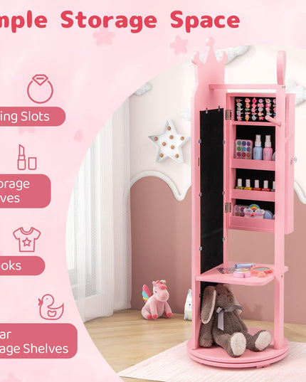 CHARMAID Kids Mirror Jewelry Cabinet - 360° Swivel Jewelry Armoire with Full Length Mirror