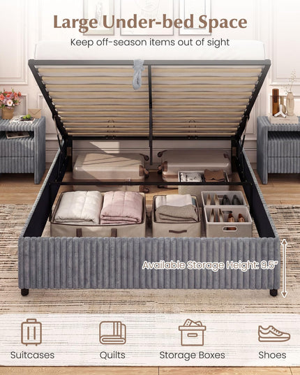 Lit de rangement relevable Giantex Queen Size avec tête de lit capitonnée à chevrons et oreilles.