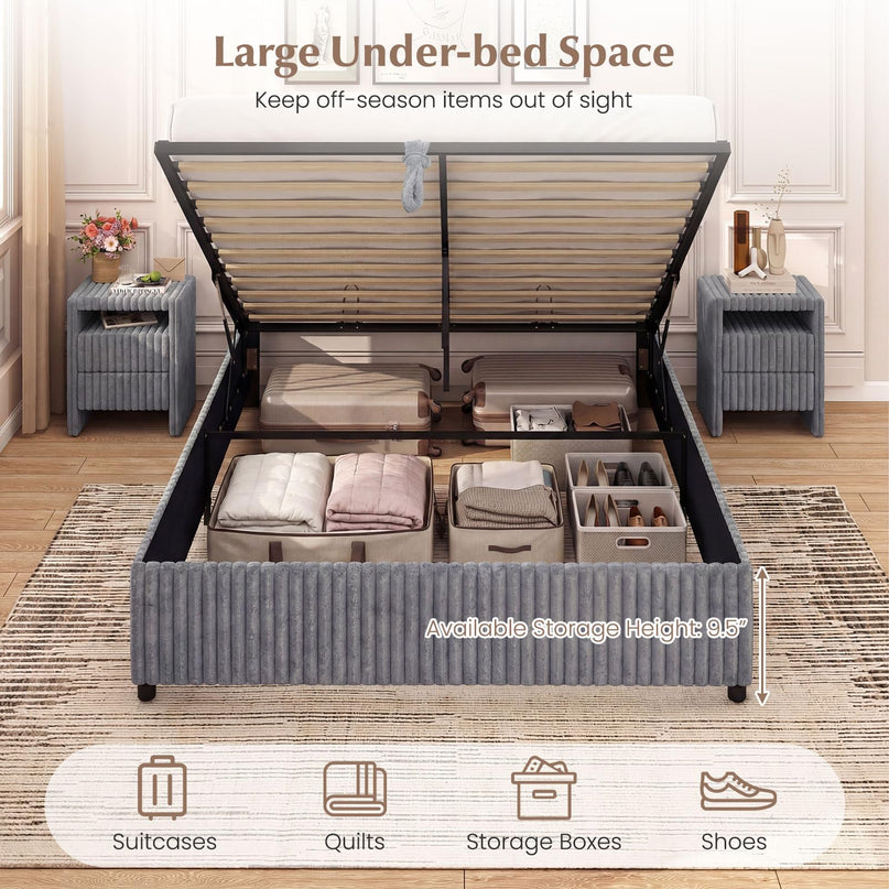 Lit de rangement relevable Giantex Queen Size avec tête de lit capitonnée à chevrons et oreilles.