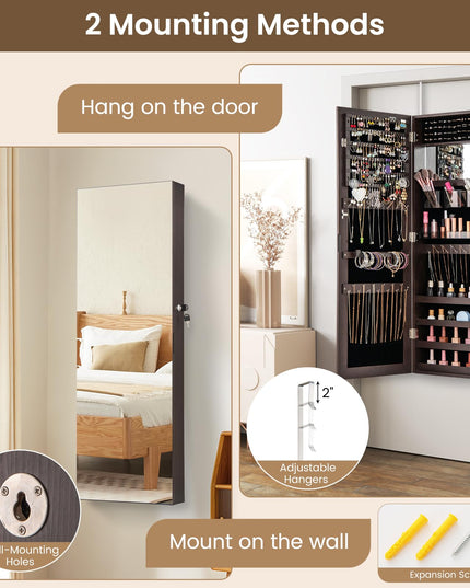 CHARMAID Jewelry Cabinet Wall or Door Mounted, Hanging Lockable Jewelry Armoire Storage with Full Length Mirror