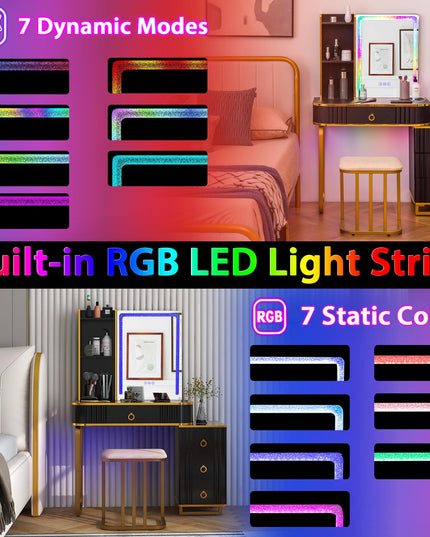 CHARMAID RBG LED Makeup Vanity Table, Colorful Lighted Mirror, 7 Dynamic & 7 Static Modes, 3-Drawer Chest